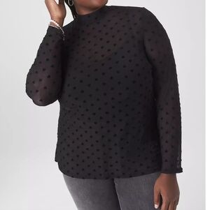 Lane Bryant Mock Neck Black Mesh Sheer Heart Top Long Sleeve Size 22/24